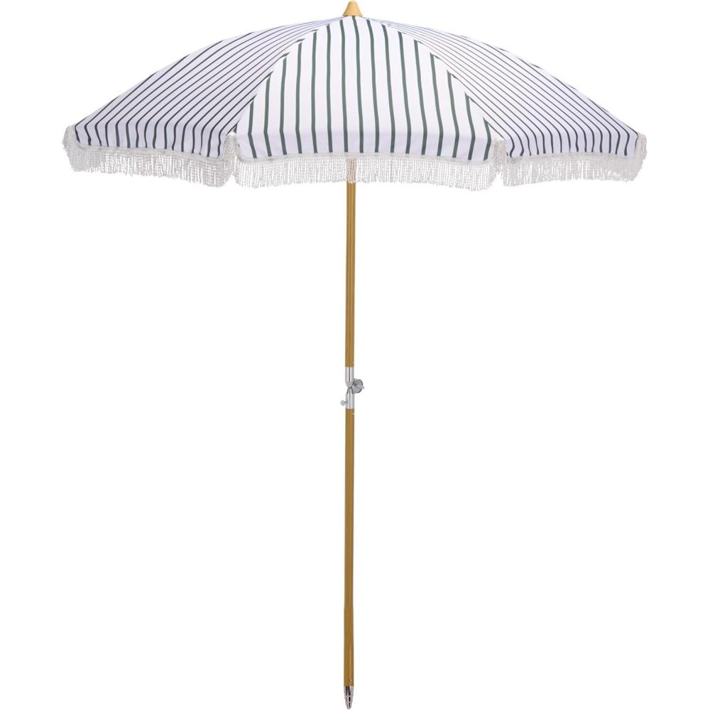 image:imageSAFAVIEH Outdoor Bella 65 FT Beach Umbrella Canopy with White Fringe Trim Tilt Function Aluminum Pole Weather Resistant for Beach Patio Garden PAT8504Hunter Green Stripe