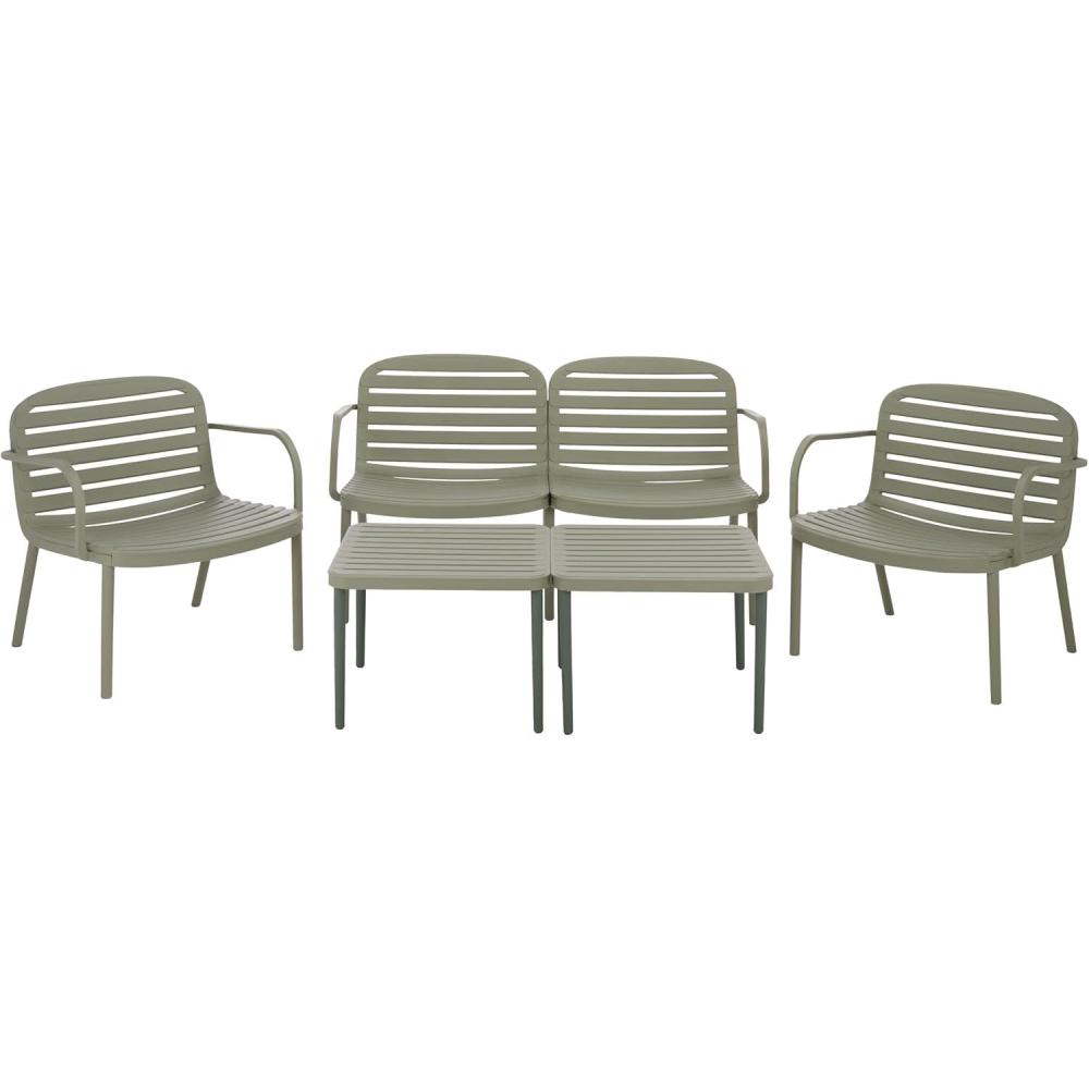 image:imageSAFAVIEH Outdoor Thompson Conversation Set Green 5Piece Patio Set with Bench 2 Chairs amp Modular Coffee Tables Weather Resistant Ideal for Deck Porch Backyard PAT4706DGreen