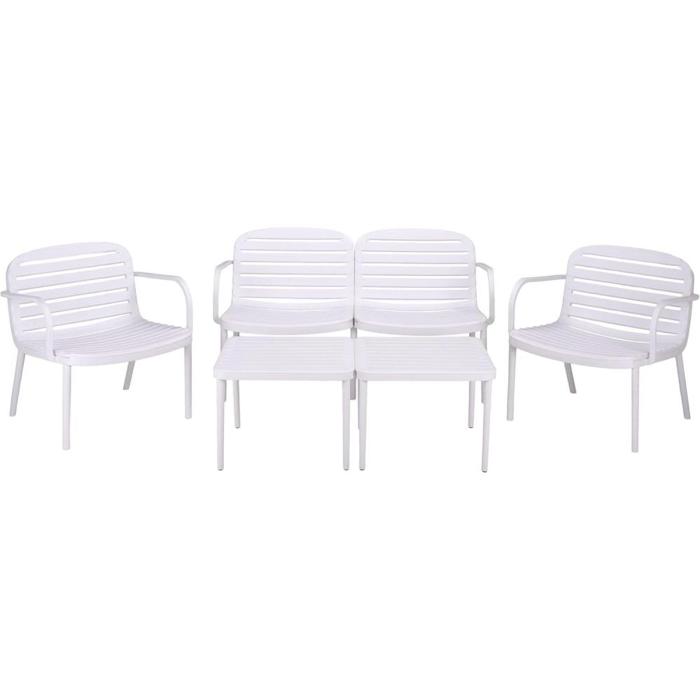 image:imageSAFAVIEH Outdoor Thompson Conversation Set Green 5Piece Patio Set with Bench 2 Chairs amp Modular Coffee Tables Weather Resistant Ideal for Deck Porch Backyard PAT4706DWhite