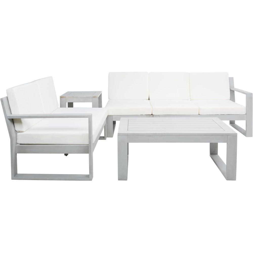 image:imageSAFAVIEH Outdoor Collection Catryn GreyBeige Cushion Solid Wood 4Piece Conversation Patio SetGreyBeige