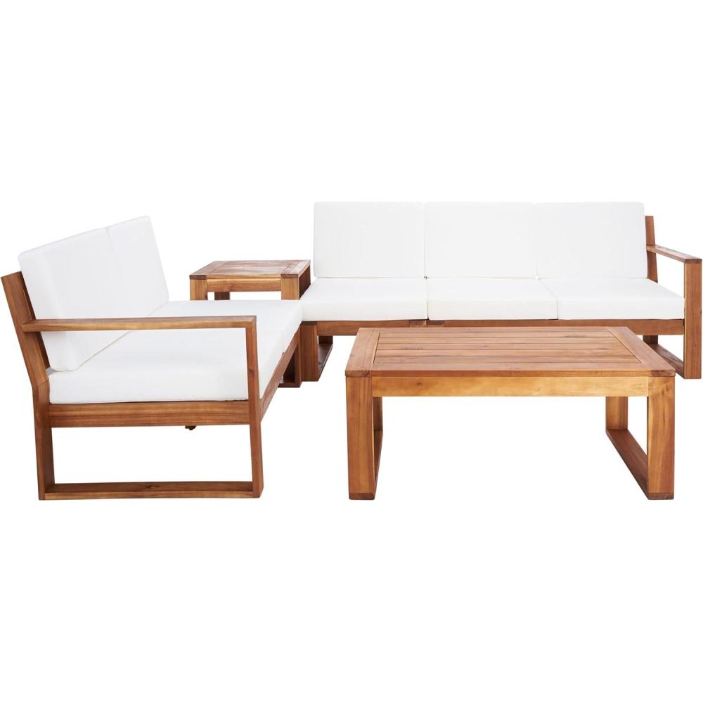 image:imageSAFAVIEH Outdoor Collection Catryn GreyBeige Cushion Solid Wood 4Piece Conversation Patio SetNaturalBeige