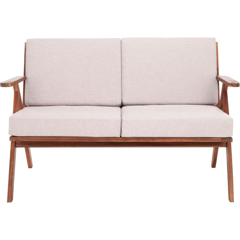 image:imageSAFAVIEH Outdoor Collection Dryad MidCentury Modern NaturalLight Grey Solid Wood Bench with Cushion Ideal for Deck Patio Garden Backyard Sunroom