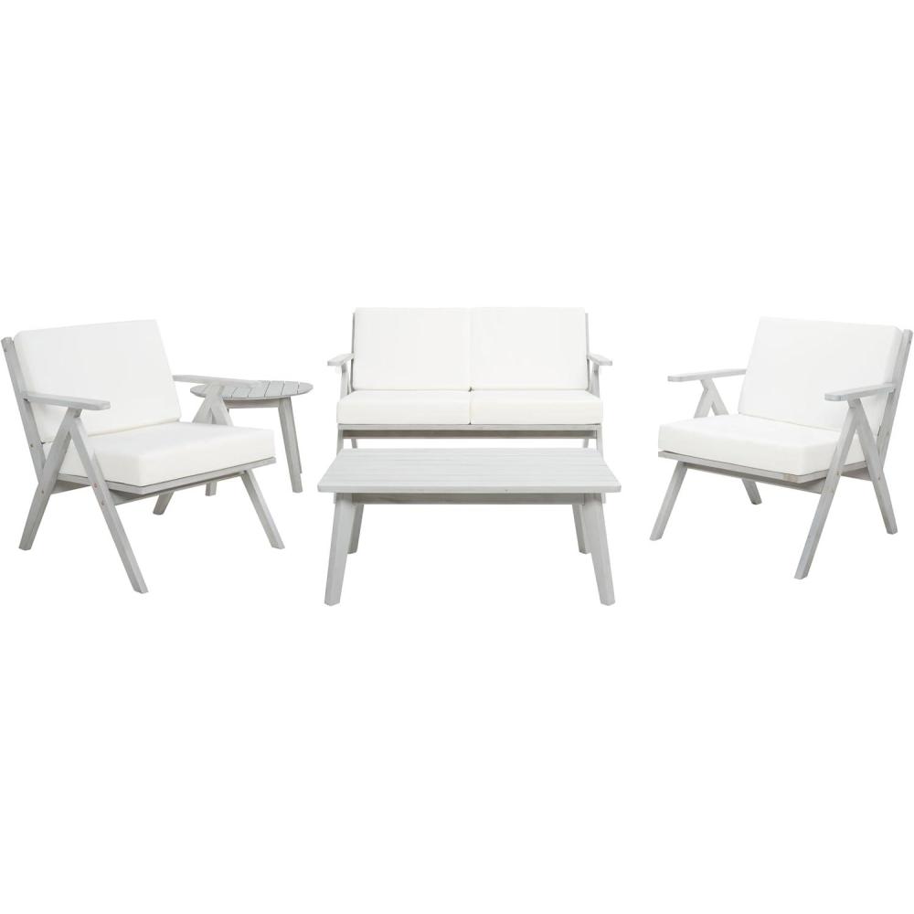 image:imageSAFAVIEH Outdoor Collection Dryad NaturalLight Grey Cushion Solid Wood 5Piece Conversation Patio SetGreyBeige