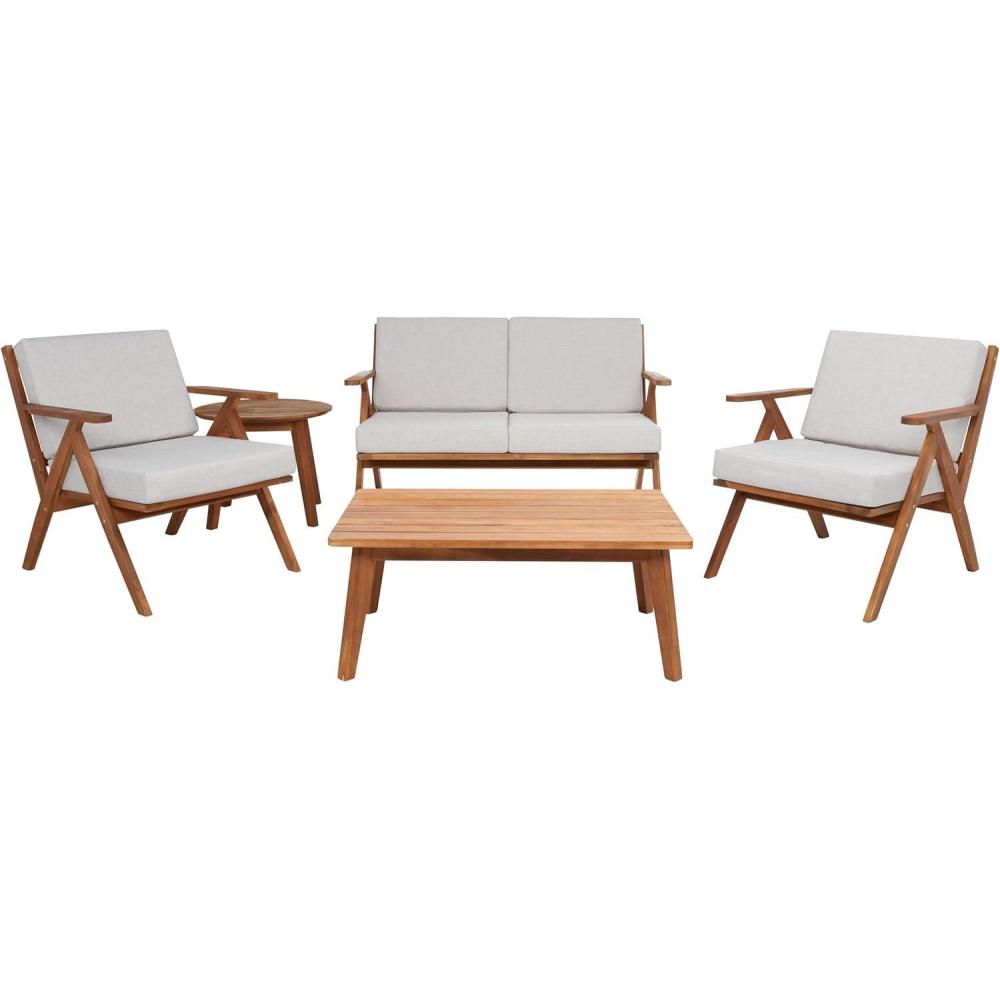 image:imageSAFAVIEH Outdoor Collection Dryad NaturalLight Grey Cushion Solid Wood 5Piece Conversation Patio SetNaturalLight Grey