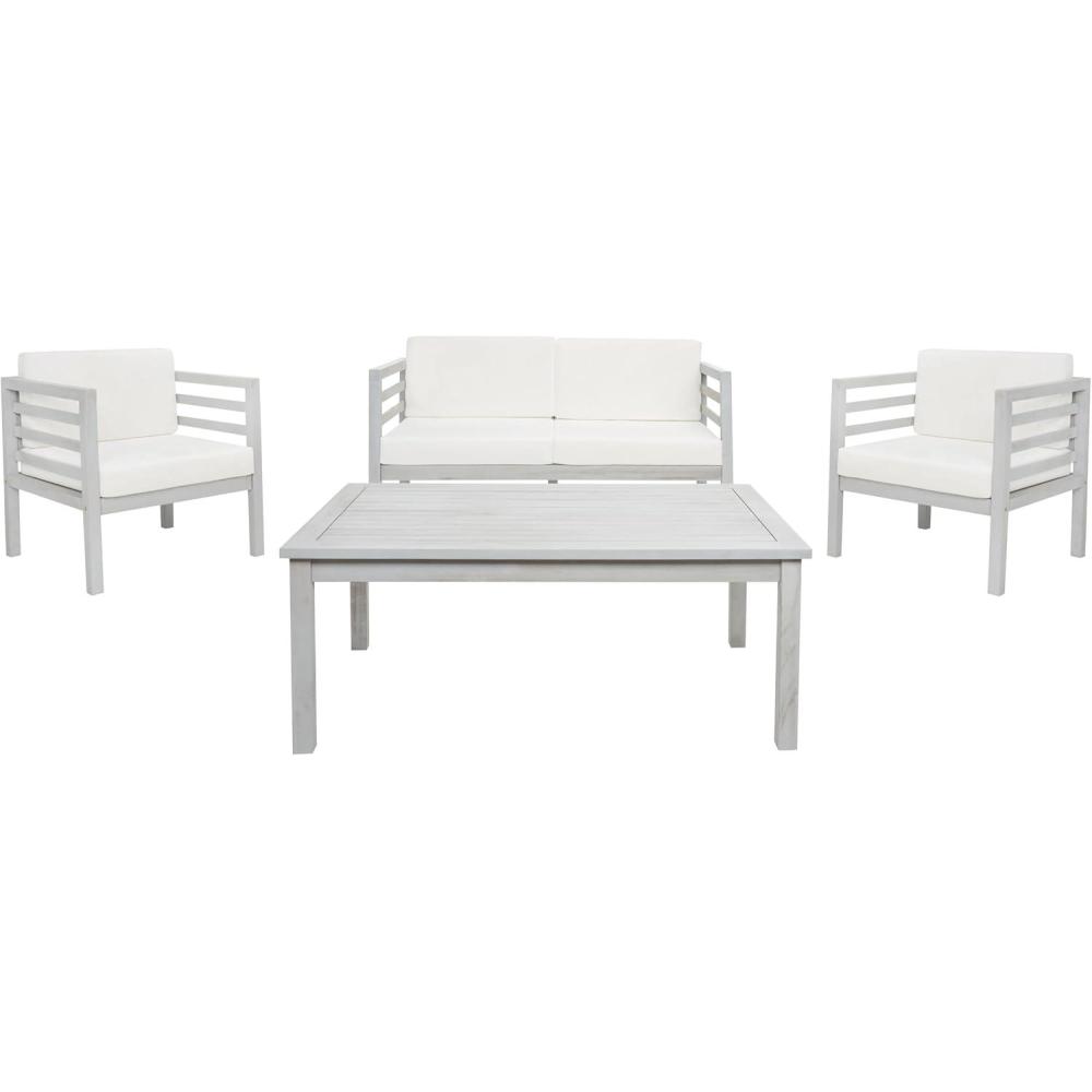 image:imageSAFAVIEH Outdoor Collection Kinnell GreyBeige Cushion Solid Wood 4Piece Conversation Patio SetGreyBeige