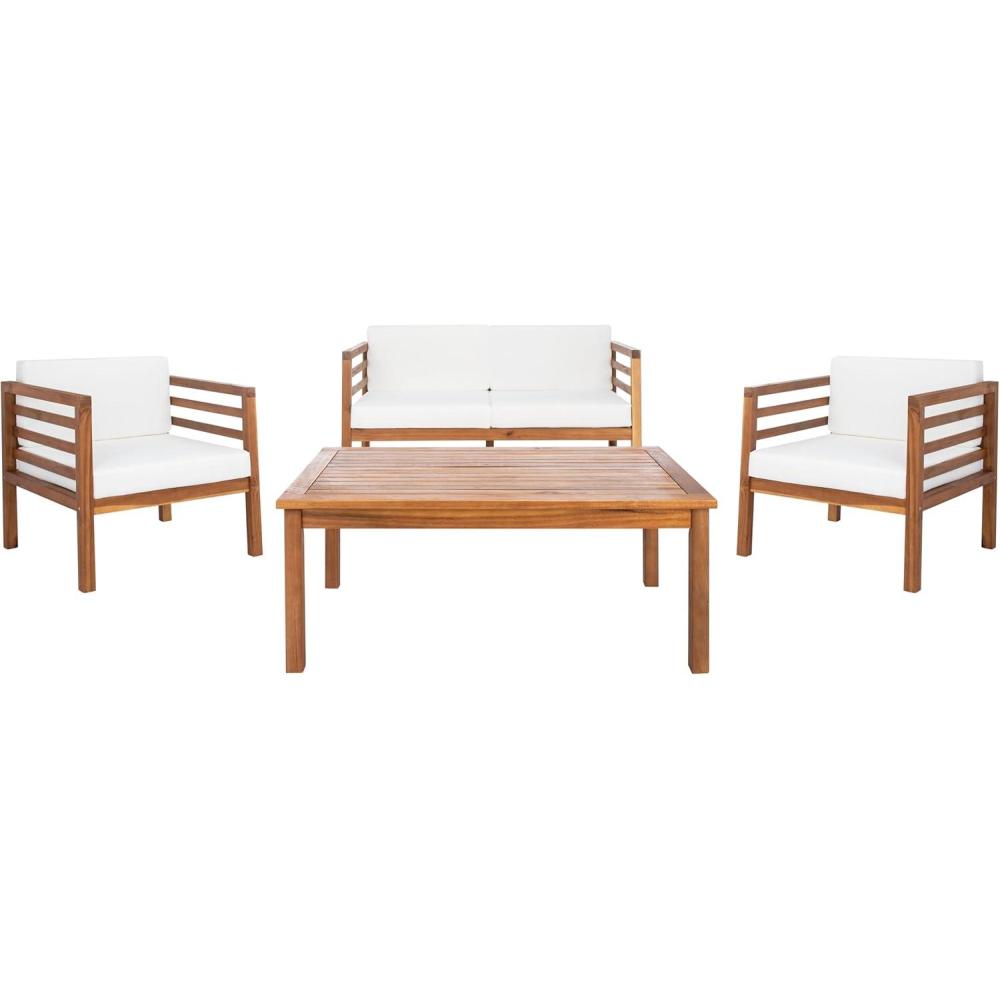 image:imageSAFAVIEH Outdoor Collection Kinnell GreyBeige Cushion Solid Wood 4Piece Conversation Patio SetNaturalBeige