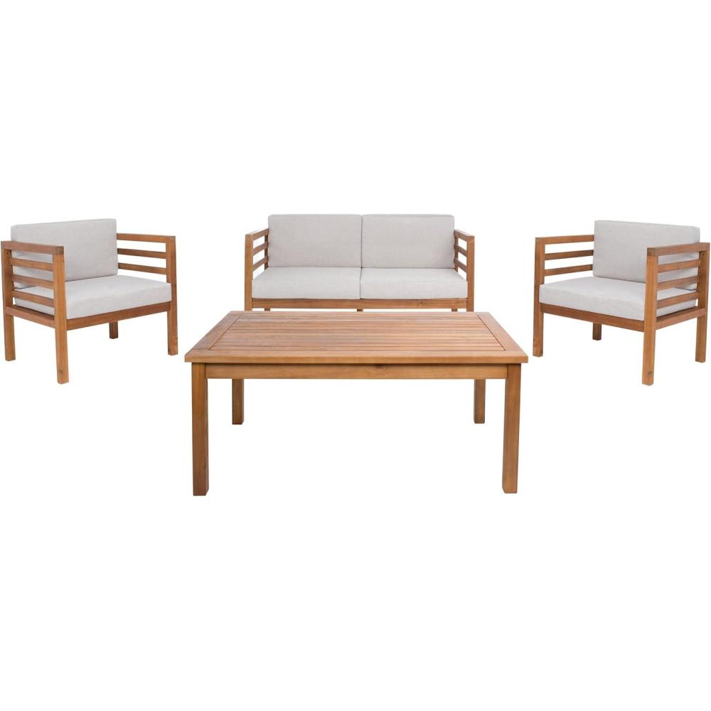 image:imageSAFAVIEH Outdoor Collection Kinnell GreyBeige Cushion Solid Wood 4Piece Conversation Patio SetNaturalLight Grey