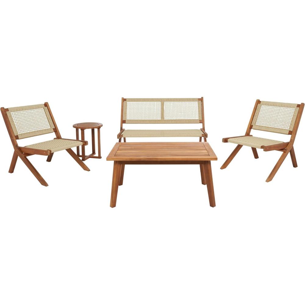 image:imageSAFAVIEH Outdoor Collection Kobina NaturalNatural Rope Solid Wood 5Piece Conversation Patio SetNaturalNatural