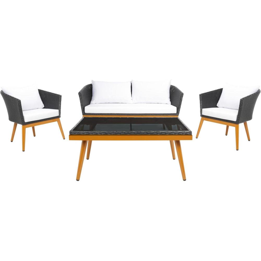 image:imageSAFAVIEH Outdoor Collection Malsor BlackWhite Wicker 4Piece Outdoor Conversation Patio SetBlackWhite