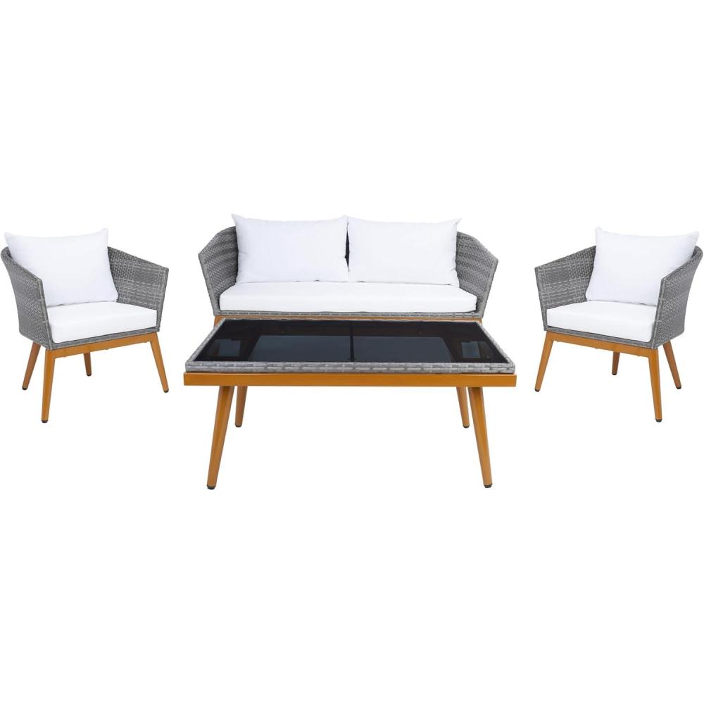 image:imageSAFAVIEH Outdoor Collection Malsor BlackWhite Wicker 4Piece Outdoor Conversation Patio SetGreyGrey