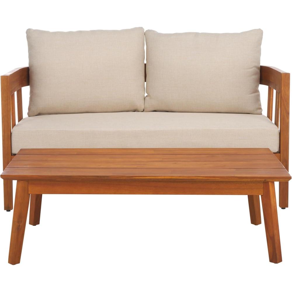 image:imageSAFAVIEH Outdoor Collection Owen Natural BrownTaupe Cushion Solid Wood Bench amp Table SetNaturalTaupe
