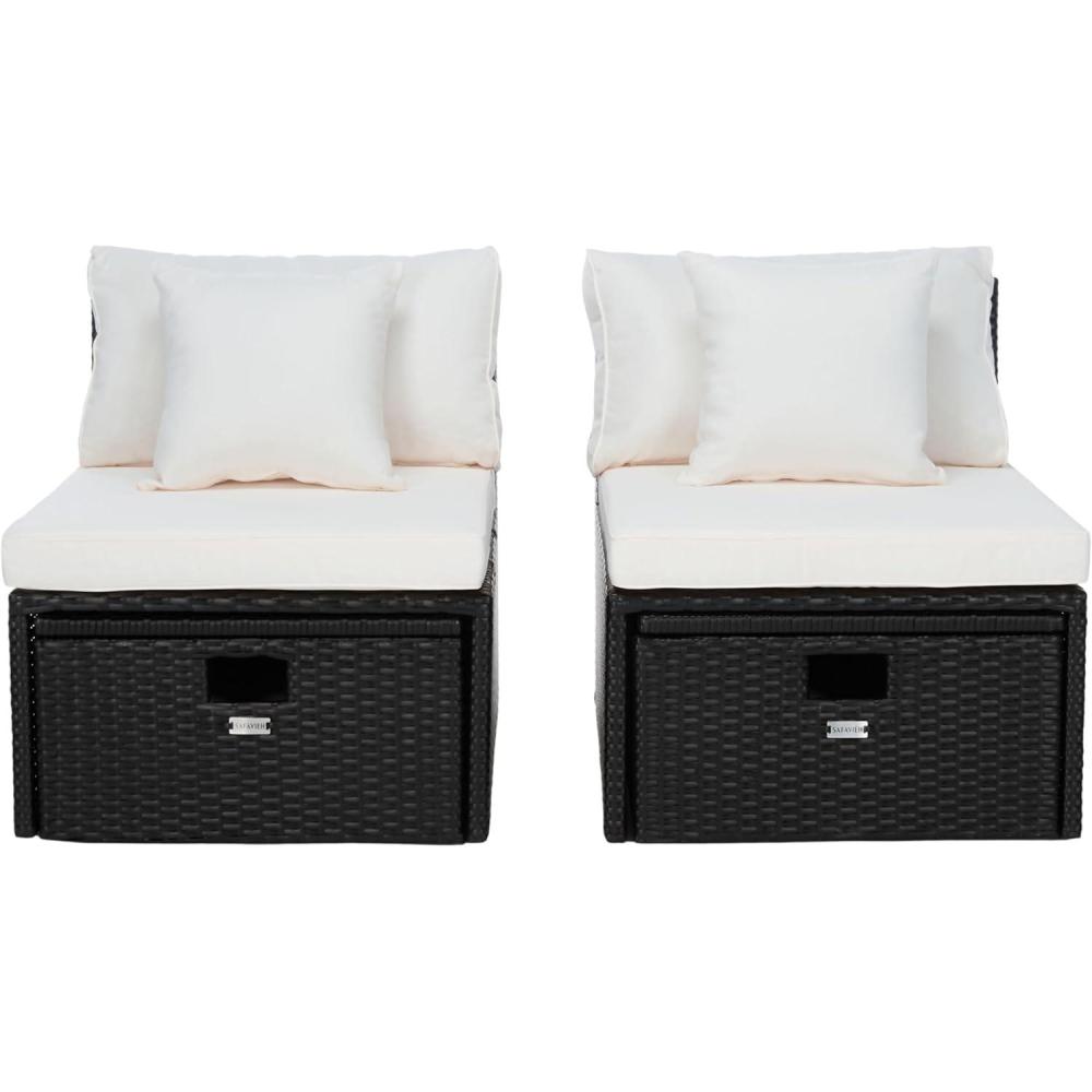 image:imageSAFAVIEH Outdoor Collection Pramla BlackLight Grey Cushion Settee amp Ottoman Fully Assembled  Set of 2Black  Beige