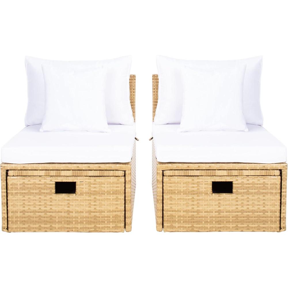 image:imageSAFAVIEH Outdoor Collection Pramla BlackLight Grey Cushion Settee amp Ottoman Fully Assembled Set of 2Natural White
