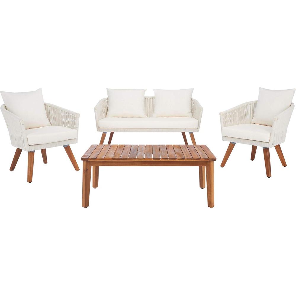image:imageSAFAVIEH Outdoor Collection Velso BeigeBeigeNatural Solid Wood 4Piece Conversation Patio SetBeigeBeige