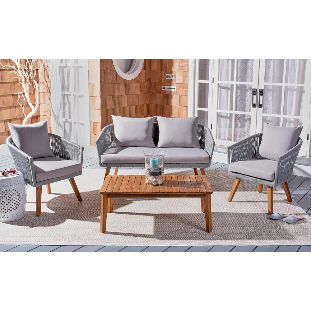 image:imageSAFAVIEH Outdoor Collection Velso BeigeBeigeNatural Solid Wood 4Piece Conversation Patio SetGrey Grey