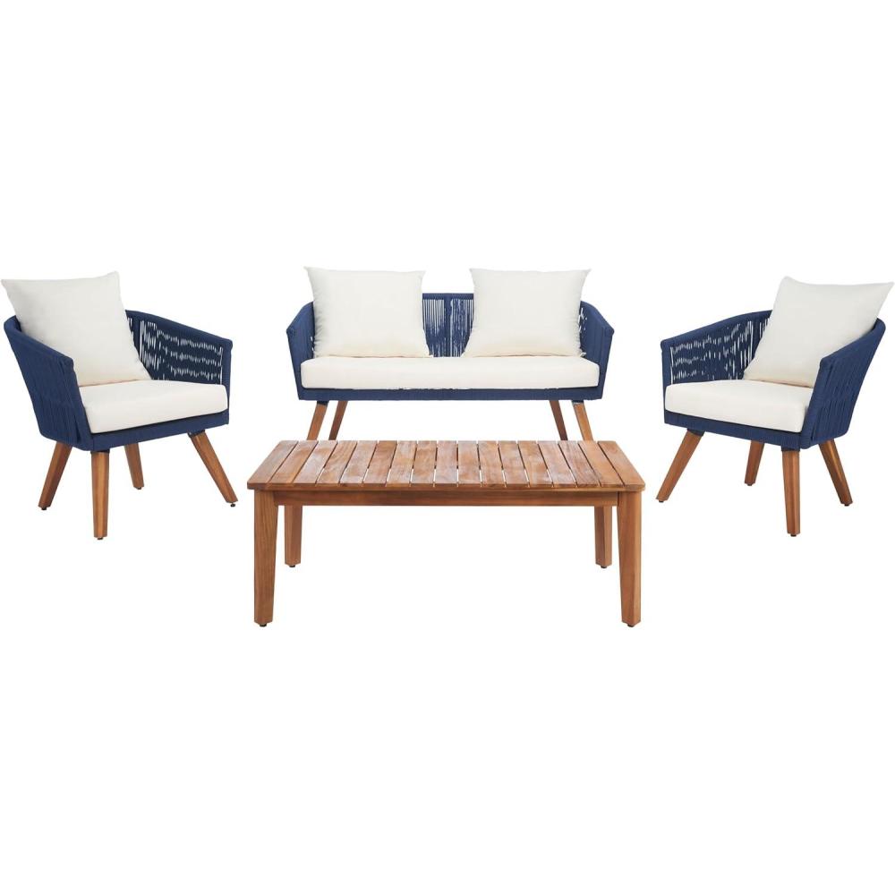 image:imageSAFAVIEH Outdoor Collection Velso BeigeBeigeNatural Solid Wood 4Piece Conversation Patio SetNavyBeige