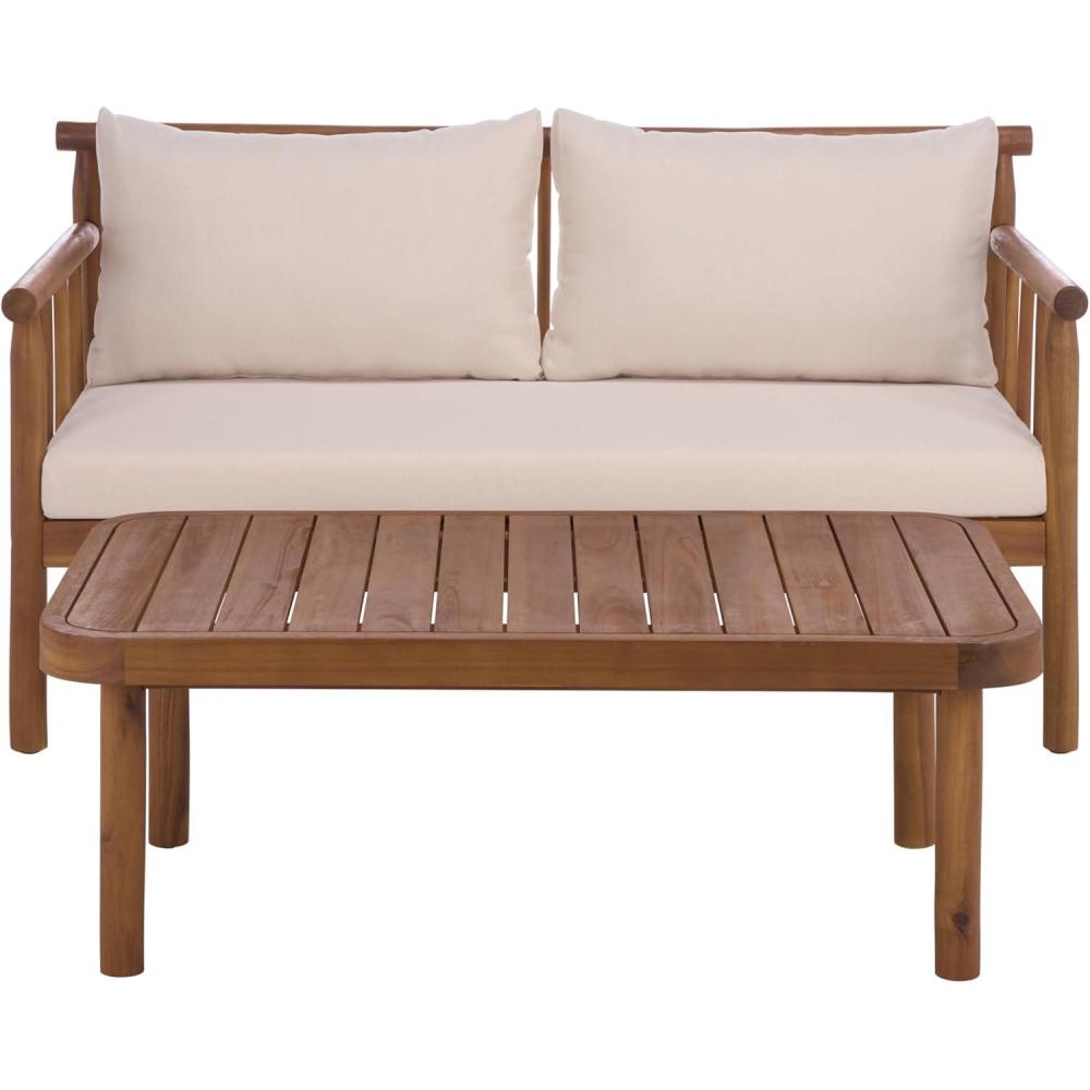 image:imageSAFAVIEH Outdoor Patio Furniture Collection  Cardori Teak amp Cream Solid Wood Bench with Cushions and Coffee Table Set 2Piece Patio Seating Ensemble PAT6808ATeak BrownCream