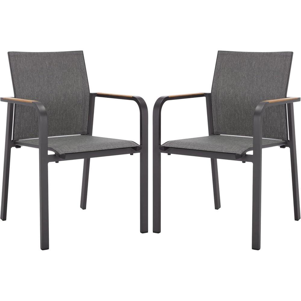 image:imageSAFAVIEH Outdoor Patio Furniture Collection  Dexter White Aluminum Arm Chair Set of 2 with Teak Arms Textilene Seating Fully Assembled PAT4050CSET2Grey