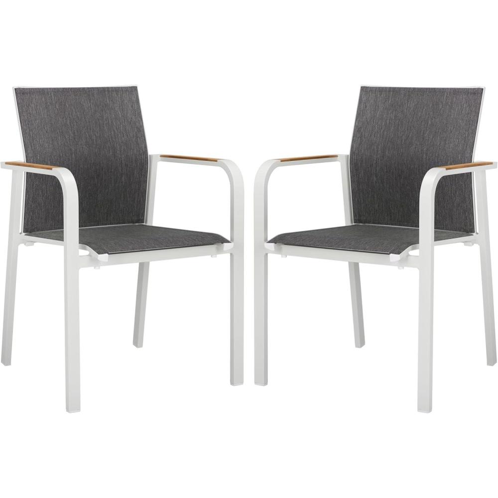 image:imageSAFAVIEH Outdoor Patio Furniture Collection Dexter White Aluminum Arm Chair Set of 2 with Teak Arms Textilene Seating Fully Assembled PAT4050CSET2White