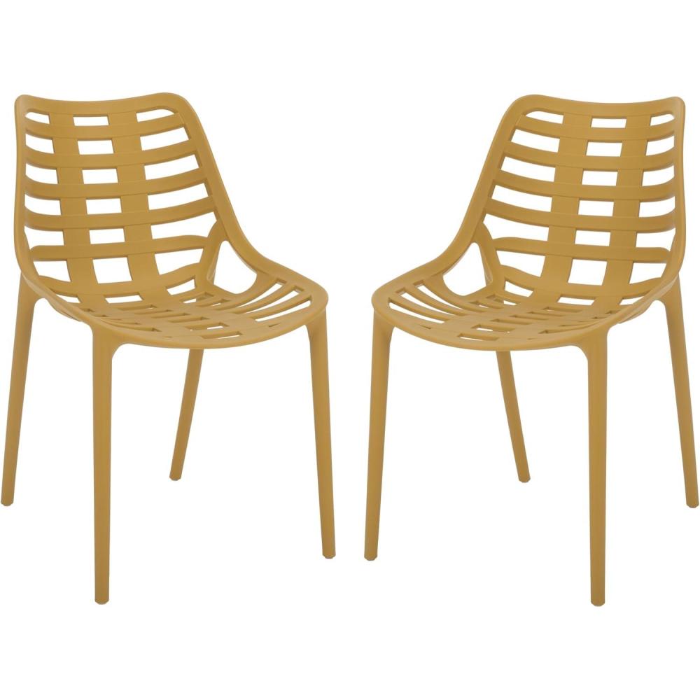 image:imageSAFAVIEH Outdoor Patio Furniture Collection  Fufa Beige Dining Chair Set of 2 Fully Assembled Outdoor Chairs Modern OpenBack Design WeatherResistant Patio Seating PAT4700BSET2Yellow