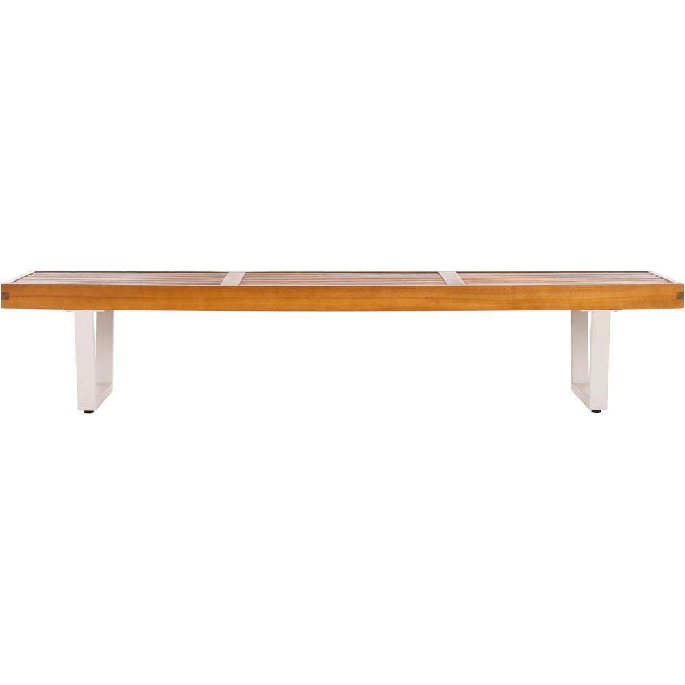image:imageSAFAVIEH Outdoor Patio Furniture Collection Heather Natural Brown Solid Wood Patio Bench with White Steel Legs 72Inch Modern Outdoor Seating for Garden Porch or Patio PAT7327ANaturalWhite