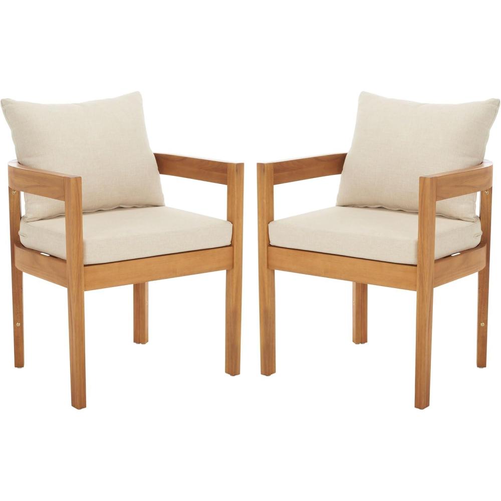 image:imageSAFAVIEH Outdoor Patio Furniture Collection  Kento Dining Chair Set of 2 Solid Wood Frame with Taupe Cushions Fully Assembled Natural Finish PAT7096ANaturalTaupe