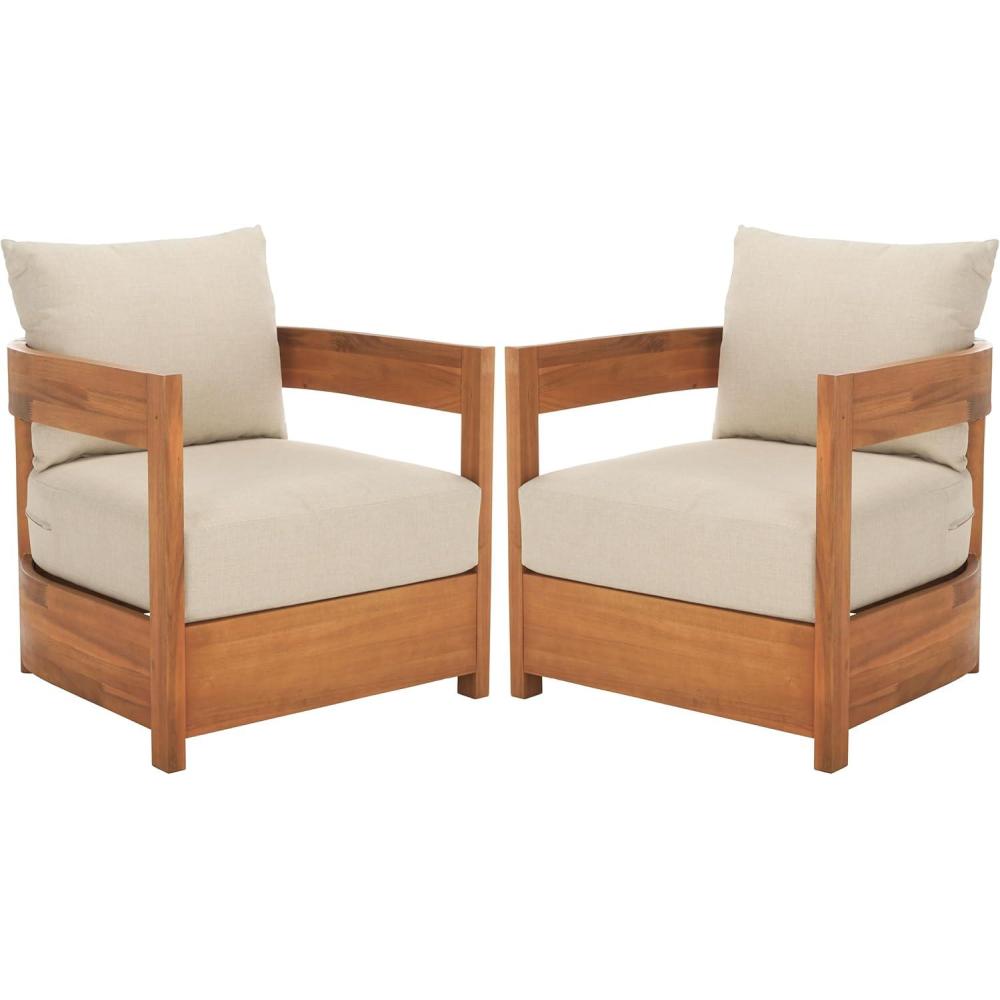 image:imageSAFAVIEH Outdoor Patio Furniture Collection Kento Natural Wood Arm Chair Set of 2 with Taupe Cushions Wide amp Deep Comfortable Seating Modern Design PAT7097ANaturalTaupe