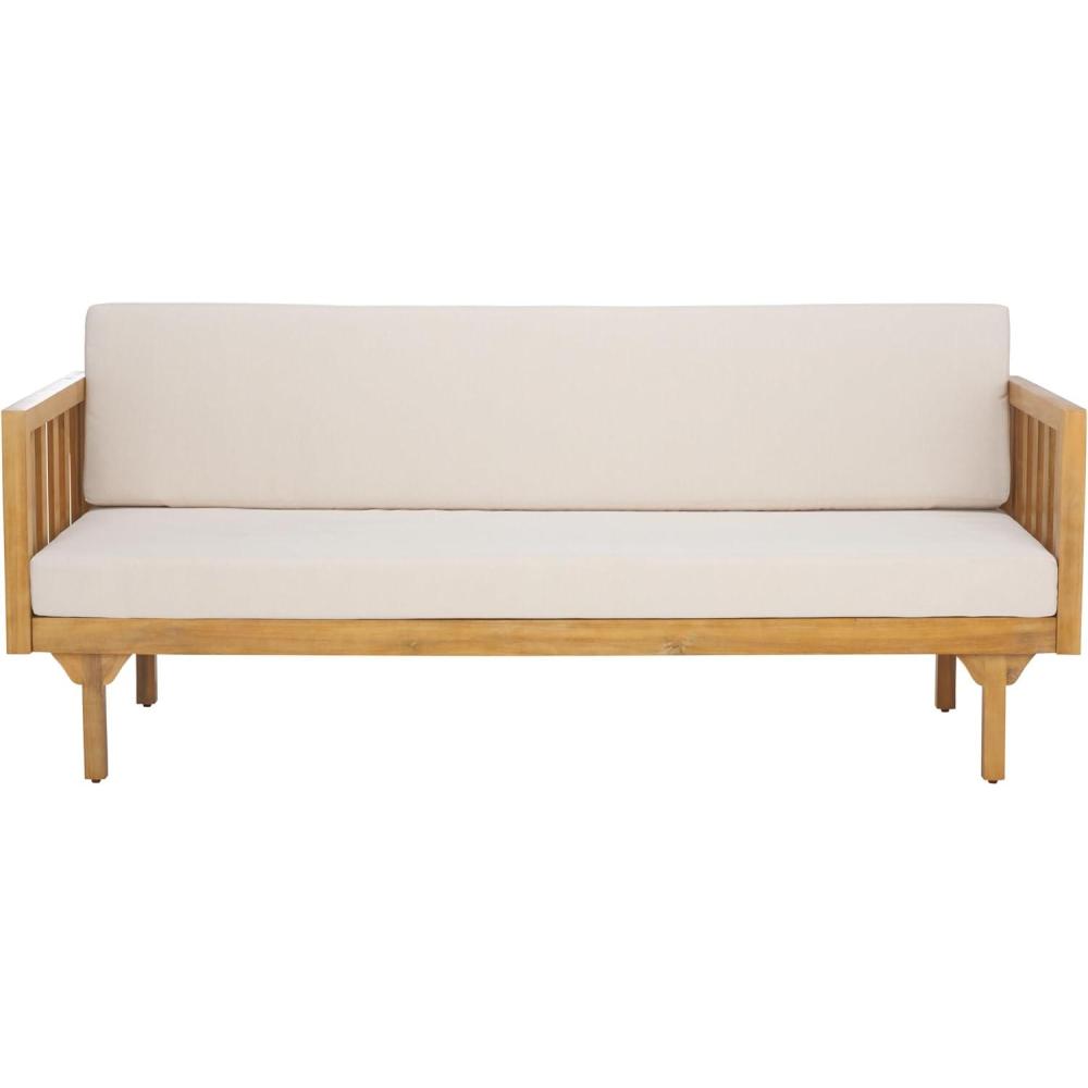 image:imageSAFAVIEH Outdoor Patio Furniture Collection Napoli Brown amp Cream 3Seater Wooden Bench with Cushions Modern Slatted Design PAT6804AOakCream