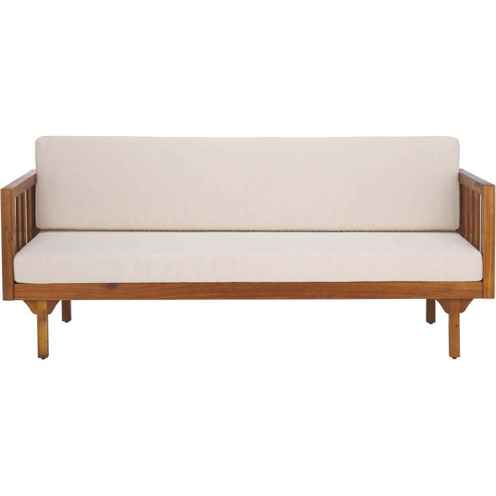 image:imageSAFAVIEH Outdoor Patio Furniture Collection Napoli Brown amp Cream 3Seater Wooden Bench with Cushions Modern Slatted Design PAT6804ATeak BrownCream