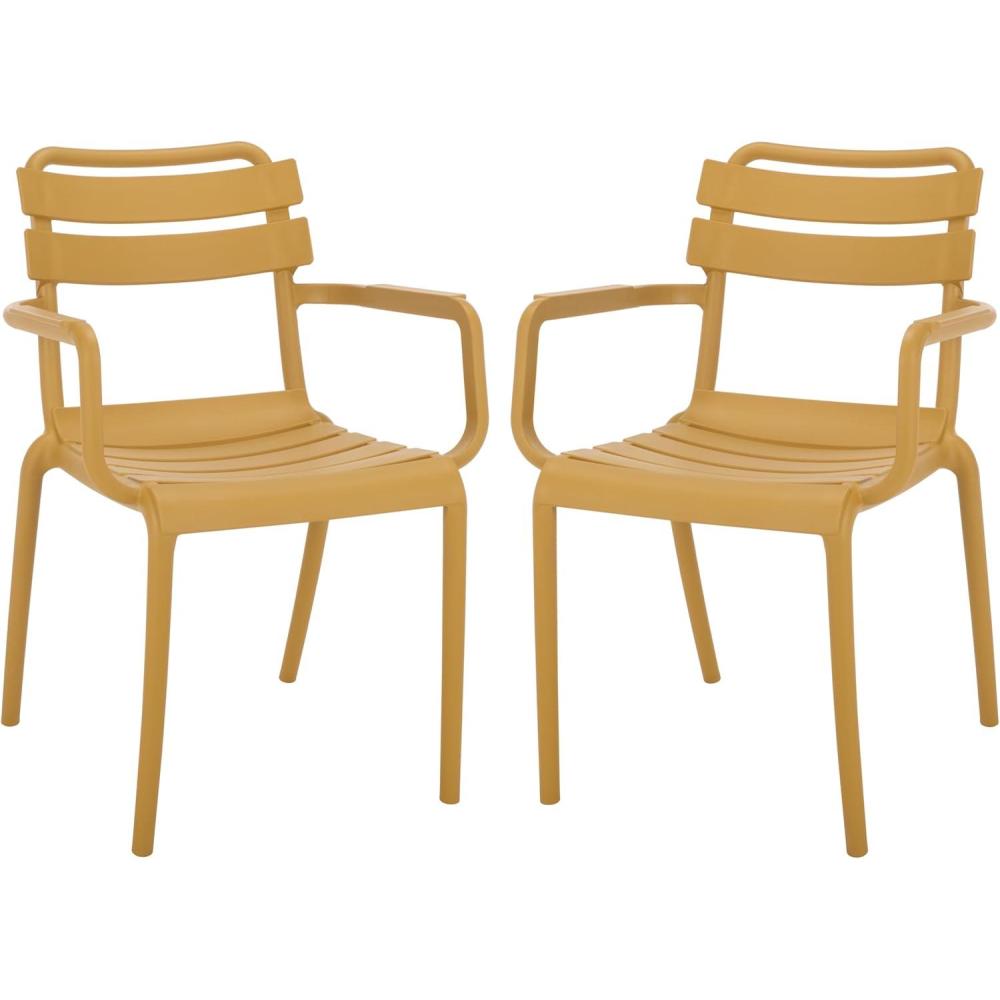 image:imageSAFAVIEH Outdoor Patio Furniture Collection  Sarah Green Stacking Dining Armchair Set of 2 Fully Assembled Outdoor Chairs Modern Slatted Design WeatherResistant Patio Seating PAT4703DSET2Yellow
