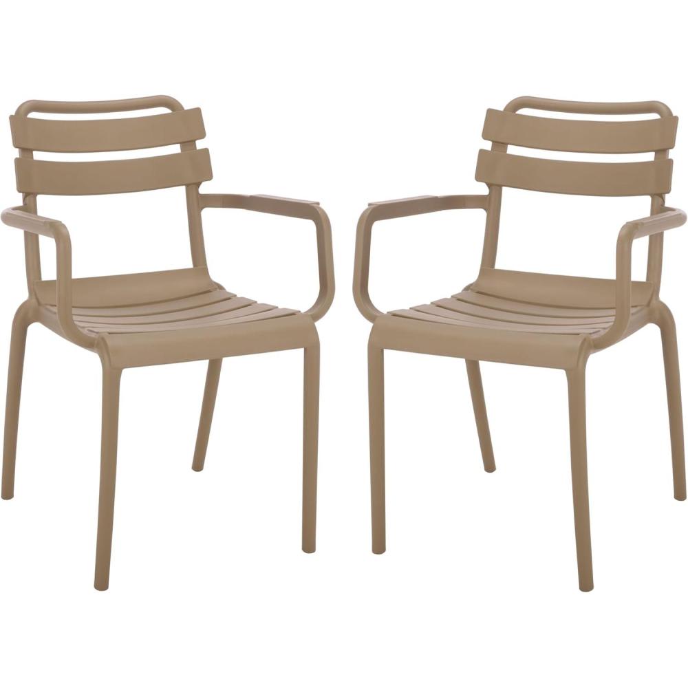 image:imageSAFAVIEH Outdoor Patio Furniture Collection  Sarah Green Stacking Dining Armchair Set of 2 Fully Assembled Outdoor Chairs Modern Slatted Design WeatherResistant Patio Seating PAT4703DSET2Beige