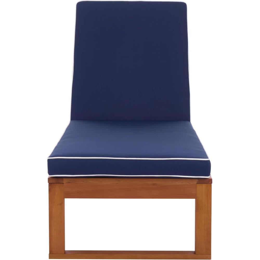 image:imageSAFAVIEH Outdoor Patio Furniture Collection Sophie Natural Brown Solid Wood Chaise Lounge Chair Adjustable Reclining Hunter Green Stripe Cushion PAT7101HNaturalNavy