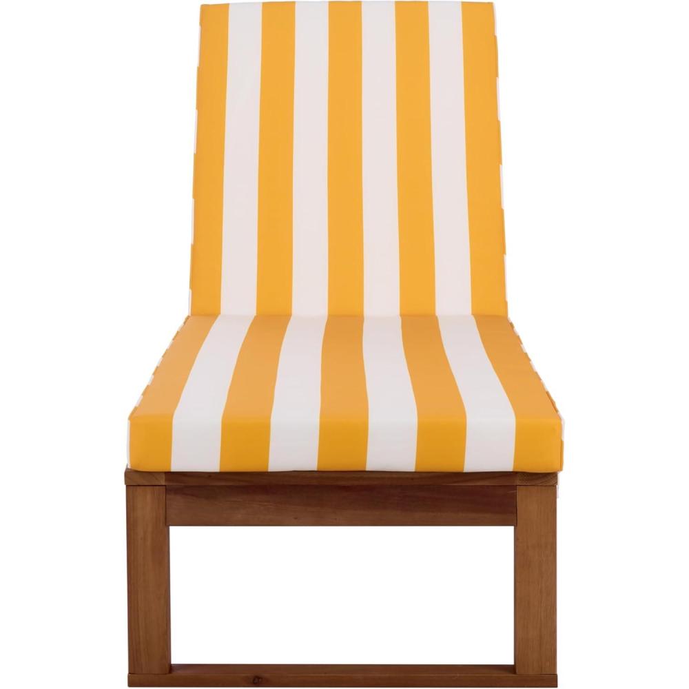 image:imageSAFAVIEH Outdoor Patio Furniture Collection Sophie Natural Brown Solid Wood Chaise Lounge Chair Adjustable Reclining Hunter Green Stripe Cushion PAT7101HNaturalYellow Stripe