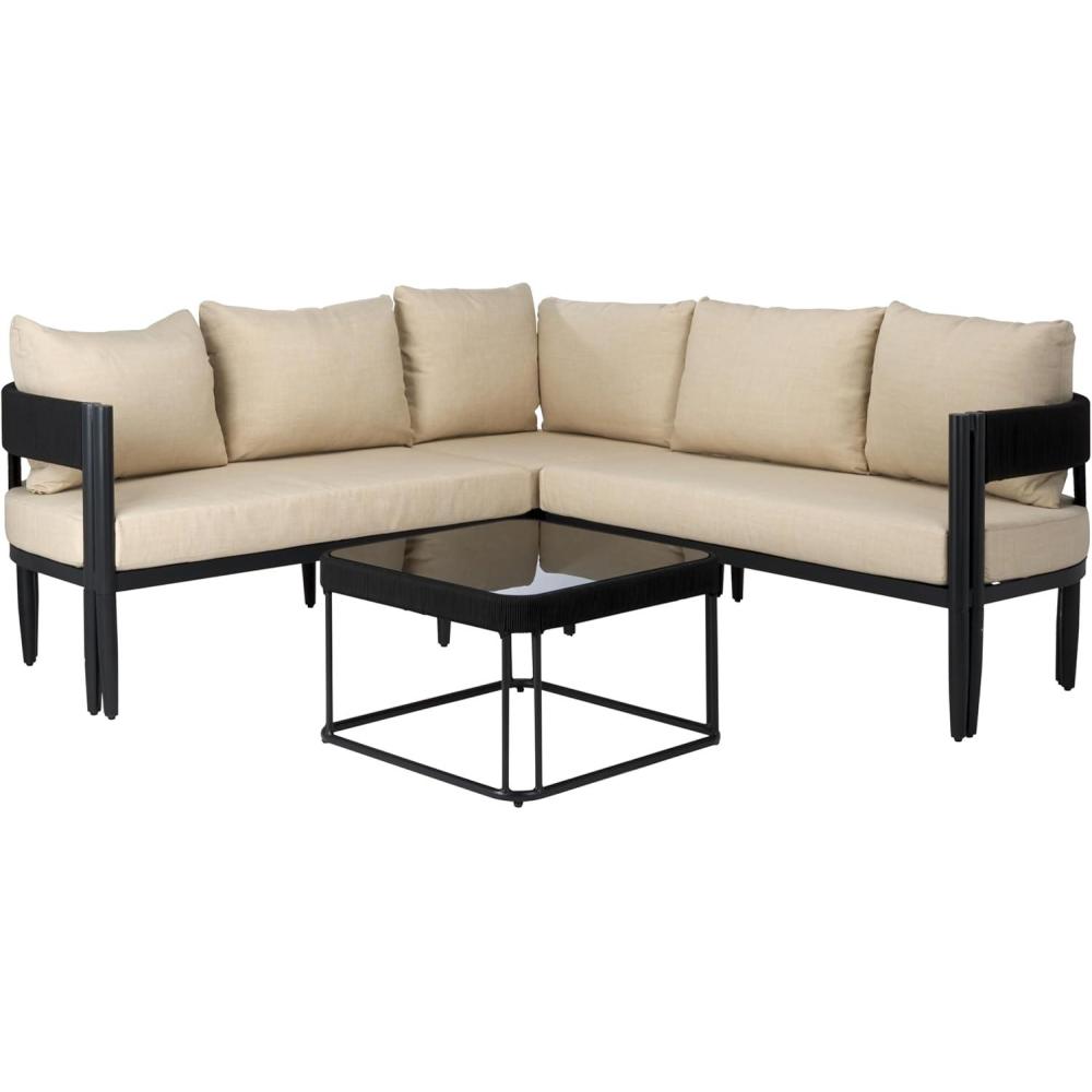 image:imageSAFAVIEH Outdoor Patio Furniture Collection Viola Black amp Grey Corner Set with Table Modern Steel amp Rope Sectional Sofa PAT7754BBlackTaupe