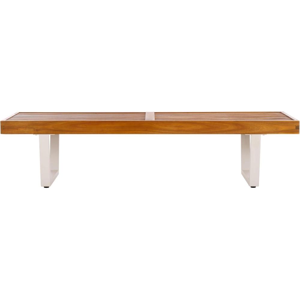 image:imageSAFAVIEH Outdoor Patio Furniture Heather Natural Brown Solid Wood amp White Legs 60inch Steel BenchNaturalWhite