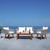 SAFAVIEH Outdoor Collection Velso Beige/Beige/Natural Solid Wood 4-Piece Conversation Patio Set(Grey / Beige)