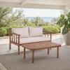 SAFAVIEH Outdoor Patio Furniture Collection – Cardori Teak & Cream Solid Wood Bench with Cushions and Coffee Table Set, 2-Piece Patio Seating Ensemble (PAT6808A)(Teak Brown/Cream)