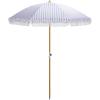 SAFAVIEH Outdoor – Bella 6.5 FT Beach Umbrella – Canopy with White Fringe Trim, Tilt Function, Aluminum Pole, Weather Resistant for Beach, Patio, Garden (PAT8504)(Baby Blue Stripe)