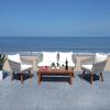 SAFAVIEH Outdoor Collection Velso Beige/Beige/Natural Solid Wood 4-Piece Conversation Patio Set(Grey / Beige)
