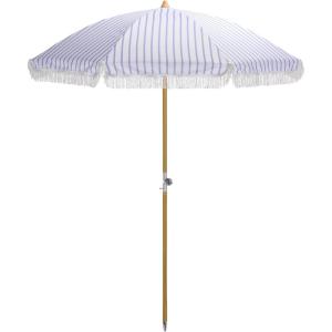 SAFAVIEH Outdoor – Bella 6.5 FT Beach Umbrella – Canopy with White Fringe Trim, Tilt Function, Aluminum Pole, Weather Resistant for Beach, Patio, Garden (PAT8504)(Baby Blue Stripe)