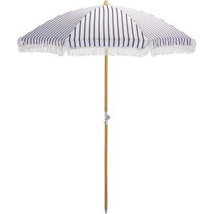 SAFAVIEH Outdoor – Bella 6.5 FT Beach Umbrella – Canopy with White Fringe Trim, Tilt Function, Aluminum Pole, Weather Resistant for Beach, Patio, Garden (PAT8504)(Navy Striped)
