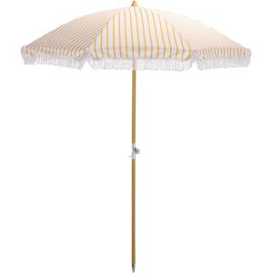 SAFAVIEH Outdoor – Bella 6.5 FT Beach Umbrella – Canopy with White Fringe Trim, Tilt Function, Aluminum Pole, Weather Resistant for Beach, Patio, Garden (PAT8504)(Yellow Stripe)