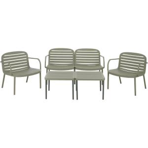 SAFAVIEH Outdoor – Thompson Conversation Set – Green – 5-Piece Patio Set with Bench, 2 Chairs & Modular Coffee Tables – Weather Resistant – Ideal for Deck, Porch, Backyard (PAT4706D)(Green)