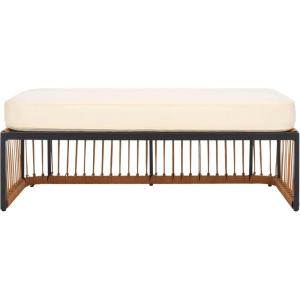 SAFAVIEH Outdoor Collection Bola Natural Brown Faux Rattan/Beige Cushion Bench (Fully Assembled)