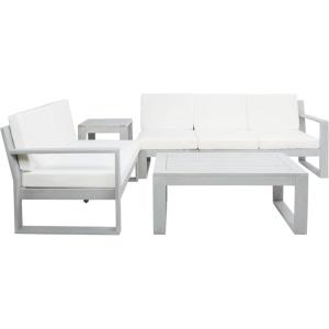 SAFAVIEH Outdoor Collection Catryn Grey/Beige Cushion Solid Wood 4-Piece Conversation Patio Set(Grey/Beige)