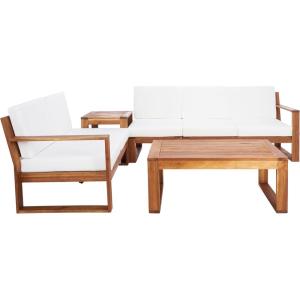 SAFAVIEH Outdoor Collection Catryn Grey/Beige Cushion Solid Wood 4-Piece Conversation Patio Set(Natural/Beige)