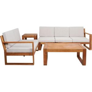 SAFAVIEH Outdoor Collection Catryn Grey/Beige Cushion Solid Wood 4-Piece Conversation Patio Set(Natural/Light Grey)