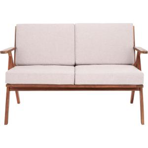 SAFAVIEH Outdoor Collection Dryad Mid-Century Modern Natural/Light Grey Solid Wood Bench with Cushion, Ideal for Deck, Patio, Garden, Backyard, Sunroom