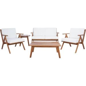SAFAVIEH Outdoor Collection Dryad Natural/Light Grey Cushion Solid Wood 5-Piece Conversation Patio Set(Natural/Beige)