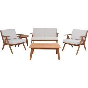SAFAVIEH Outdoor Collection Dryad Natural/Light Grey Cushion Solid Wood 5-Piece Conversation Patio Set(Natural/Light Grey)